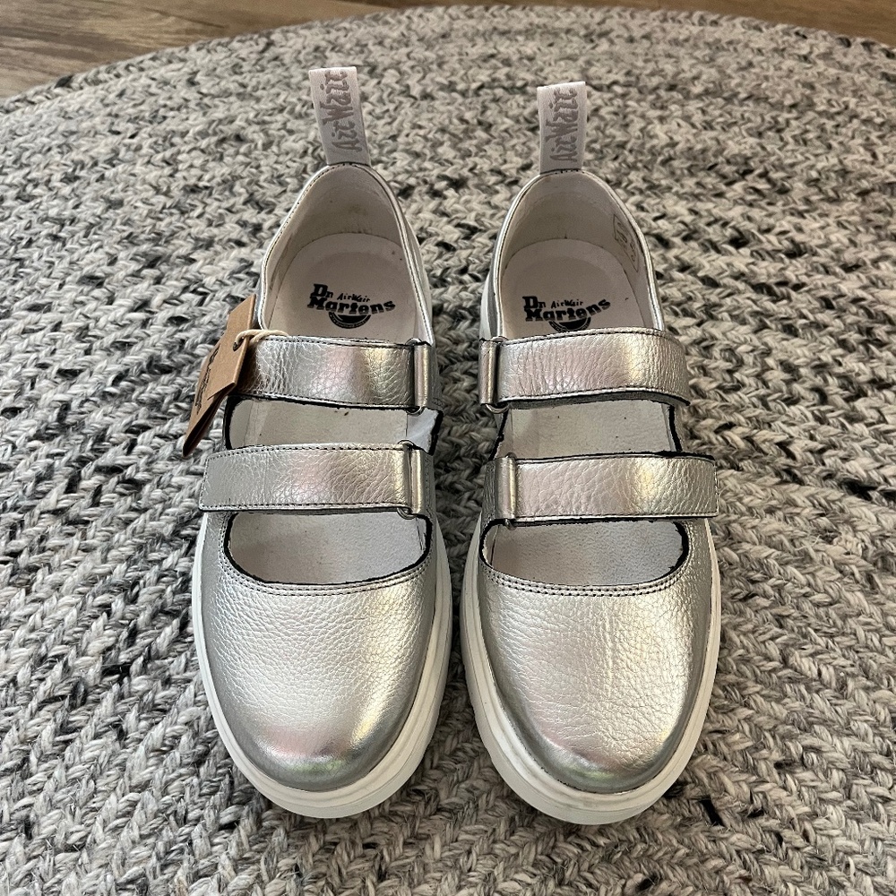 Dr. Martens “Mae” silver metallic leather mary janes